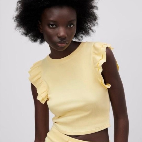 Zara Tops Zara Yellow Ruffle Sleeves Top Large Nwt Poshmark